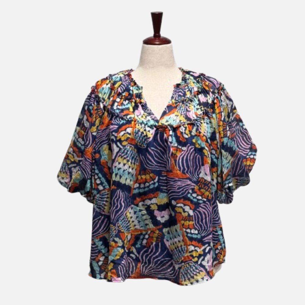 Entro Boho Ruffle V-Neck Colorful Abstract Print Puff Sleeves Blouse (Size S)